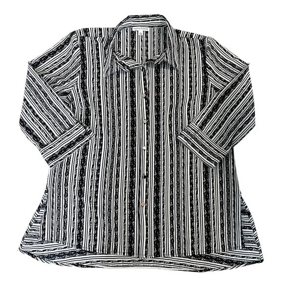 Notations Black White Striped Collared Blouse Womens Size L - Picture 1 of 6